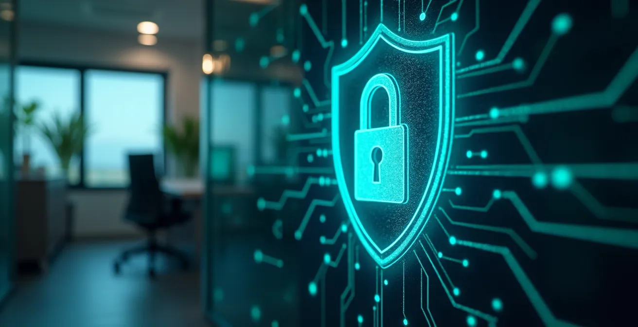 Illustration symbolique représentant la cybersécurité renforcée d'une PME grâce à l'externalisation informatique