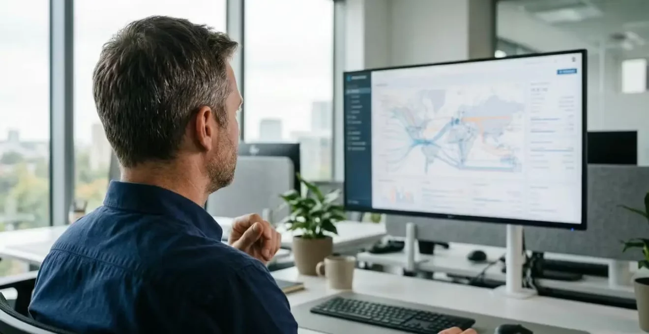 Vue par-dessus l'épaule d'un consultant analysant un tableau de bord de supervision réseau