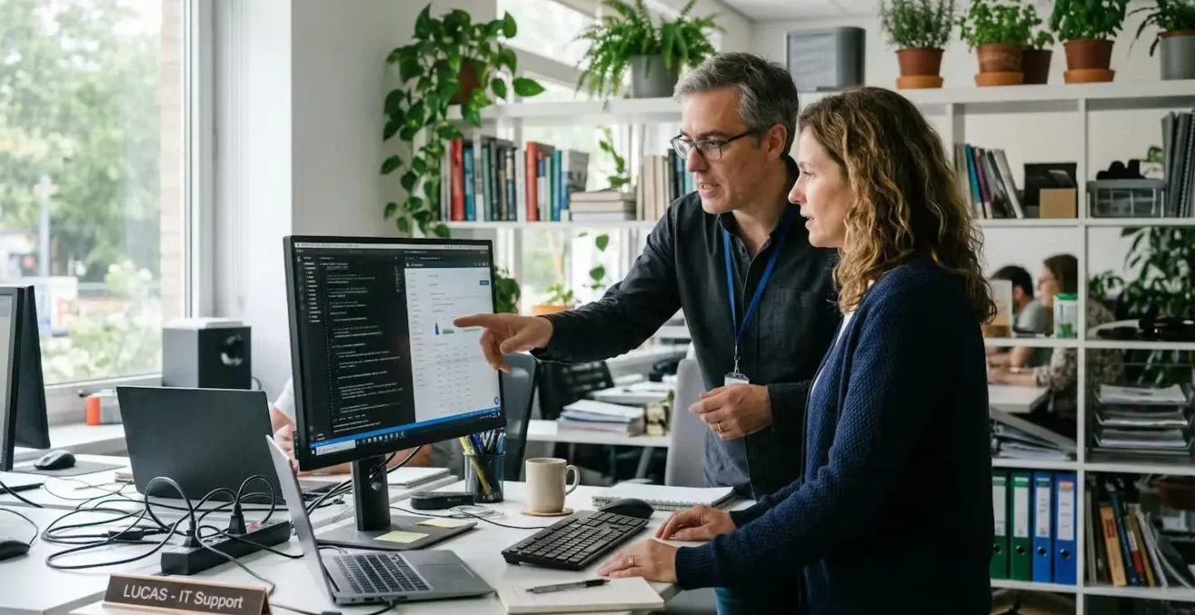 Technicien IT expliquant des résultats d'analyse réseau à un dirigeant dans un bureau PME