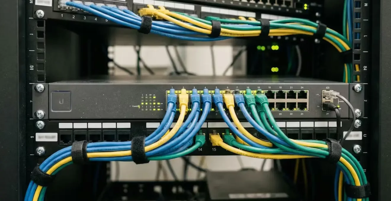 Gros plan sur un switch réseau avec câbles ethernet organisés dans une baie de brassage PME