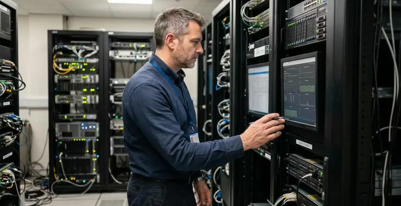 Technicien IT analysant des écrans de monitoring réseau dans une salle serveur PME