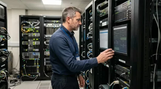 Technicien IT analysant des écrans de monitoring réseau dans une salle serveur PME
